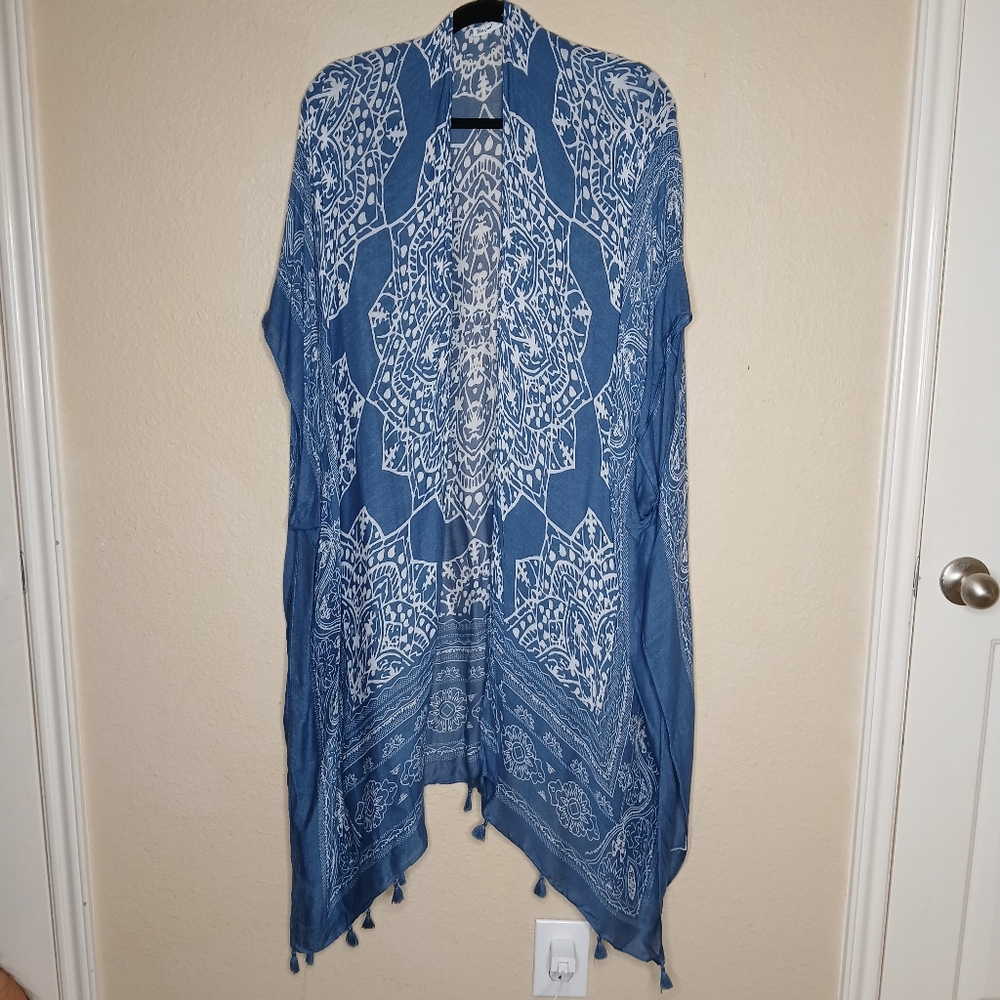 Breezy Lane Boho Blue Kimodo Beach Cover-up Tassels Size OS